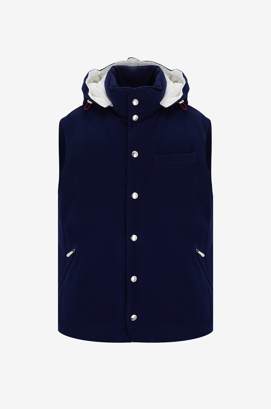 Down-padded water-repellent wool vest with hood