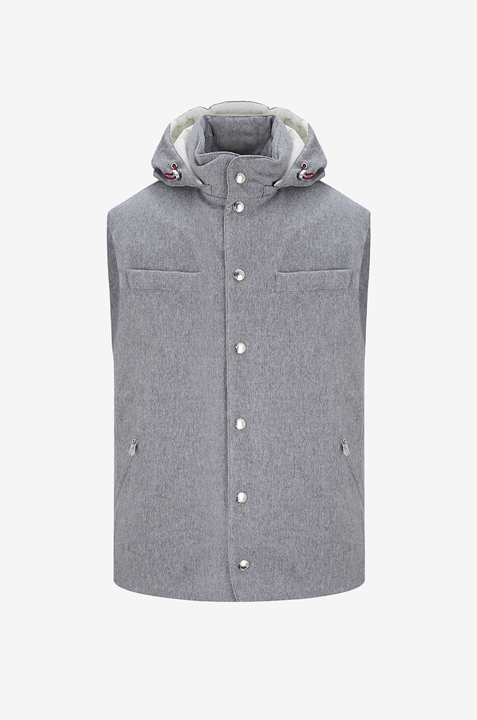Down-padded water-repellent wool vest with hood