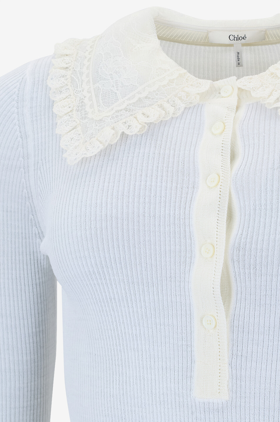 CHLOE Extra fine wool polo shirt with lace collar Women WHITE 3