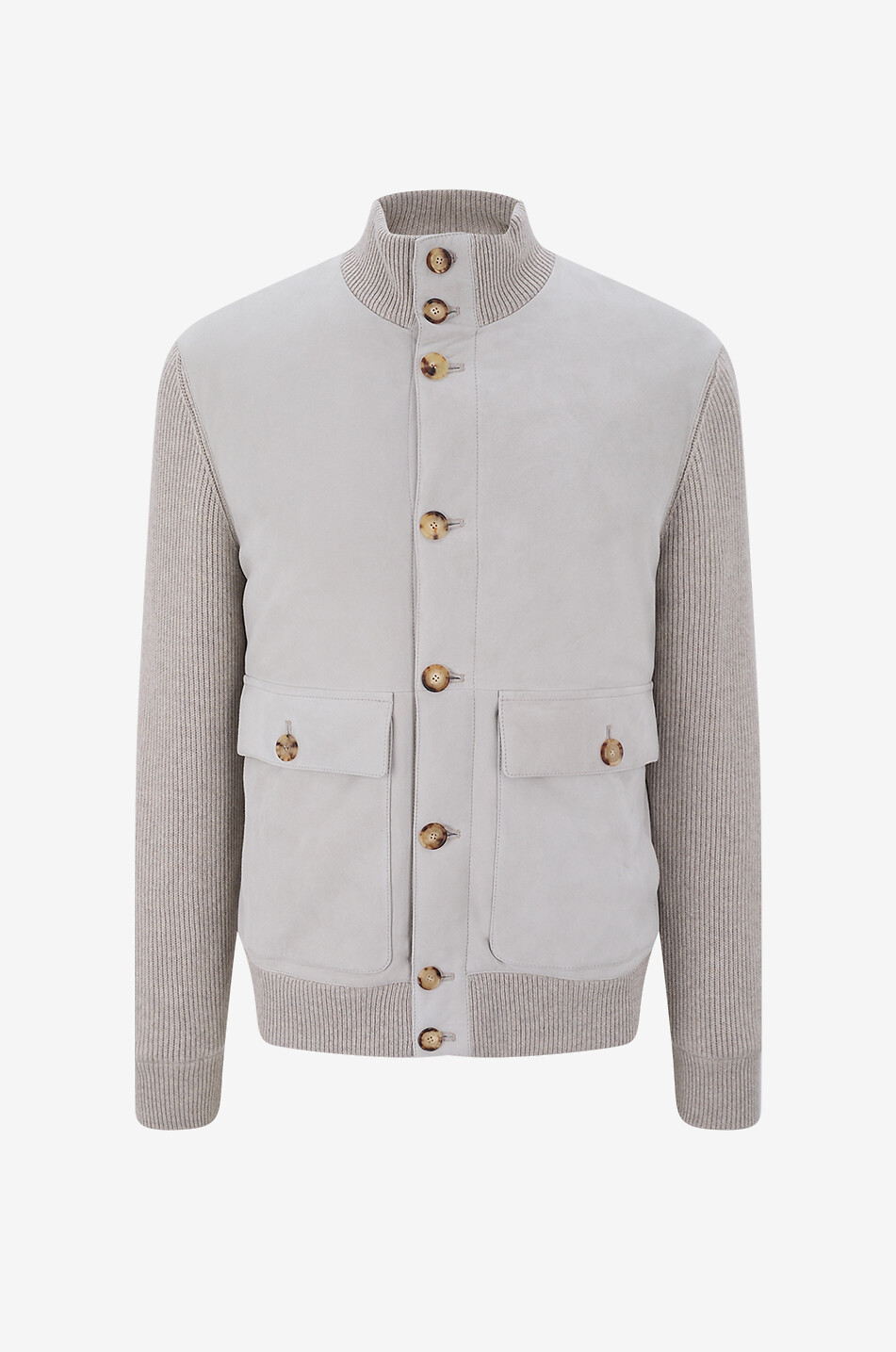 Suede and cashmere bomber jacket with stand-up collar