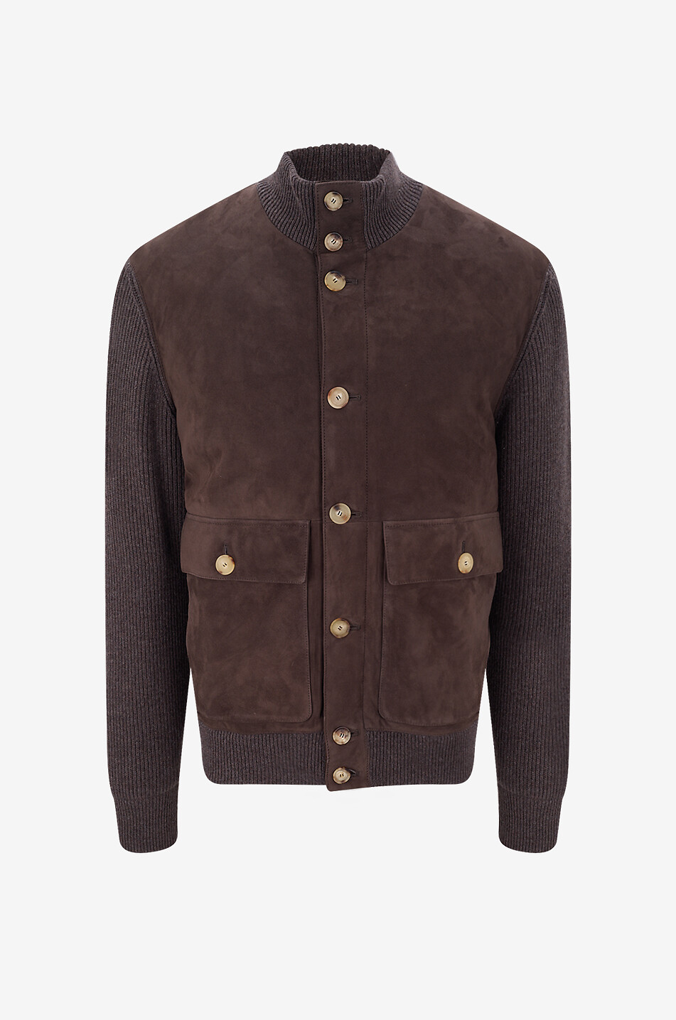 Suede and cashmere bomber jacket with stand-up collar