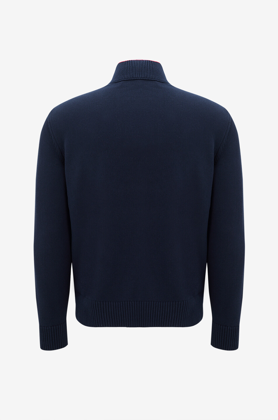 Cotton cardigan with down yokes and tricolour stripe trims