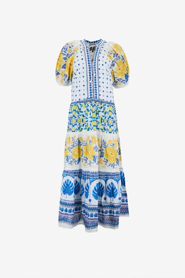 farm rio off-white cross stitch richelieu sunflower midi dress Farm Rio Cross Stitch Richeliue Sunflower Midi Dress