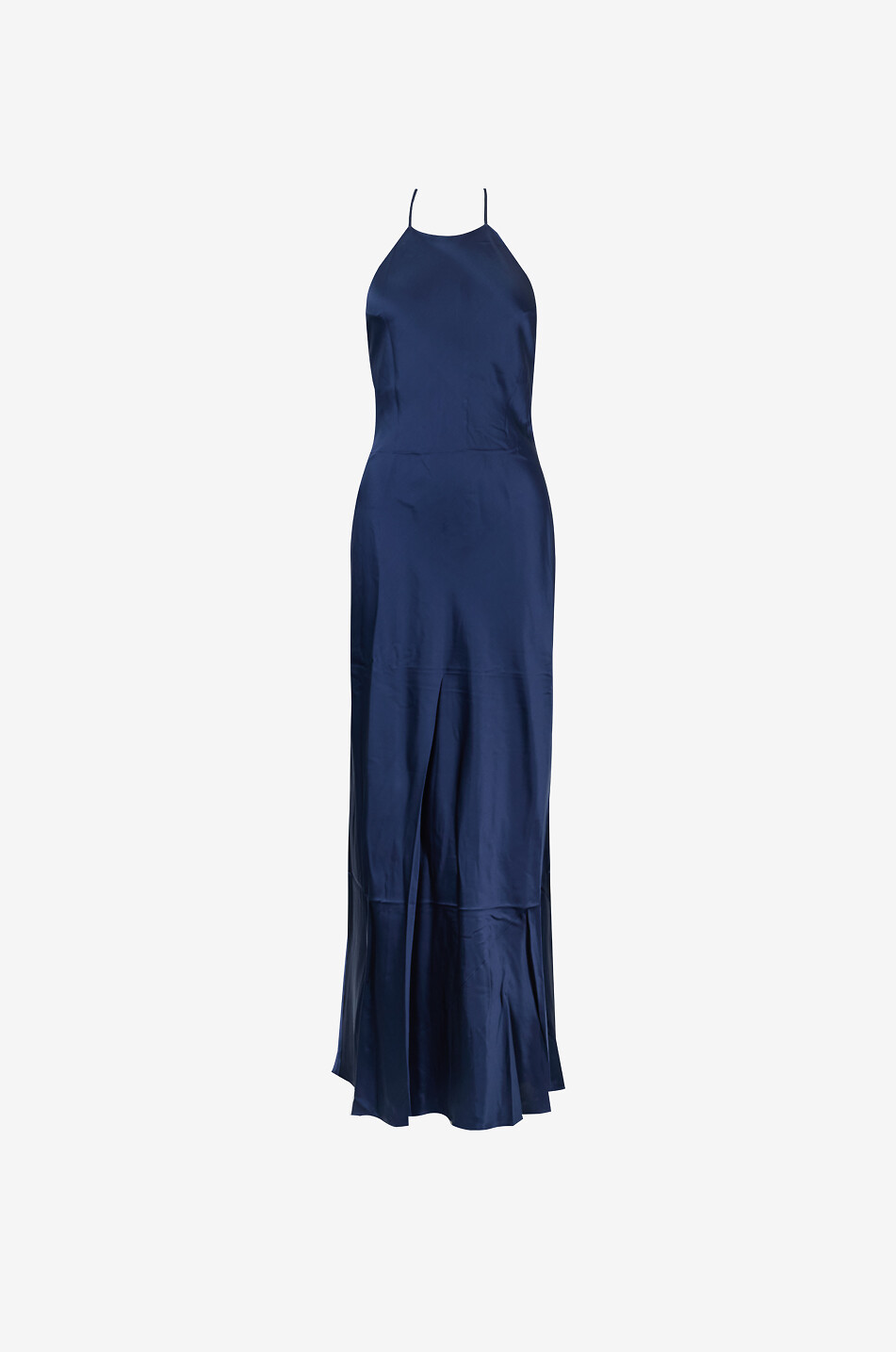 Jeany Navy long silk satin halterneck dress