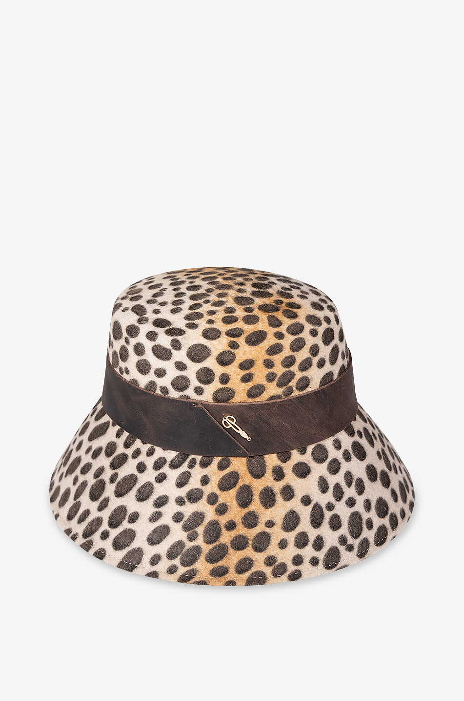 Leopard printed felt cloche hat with leather band