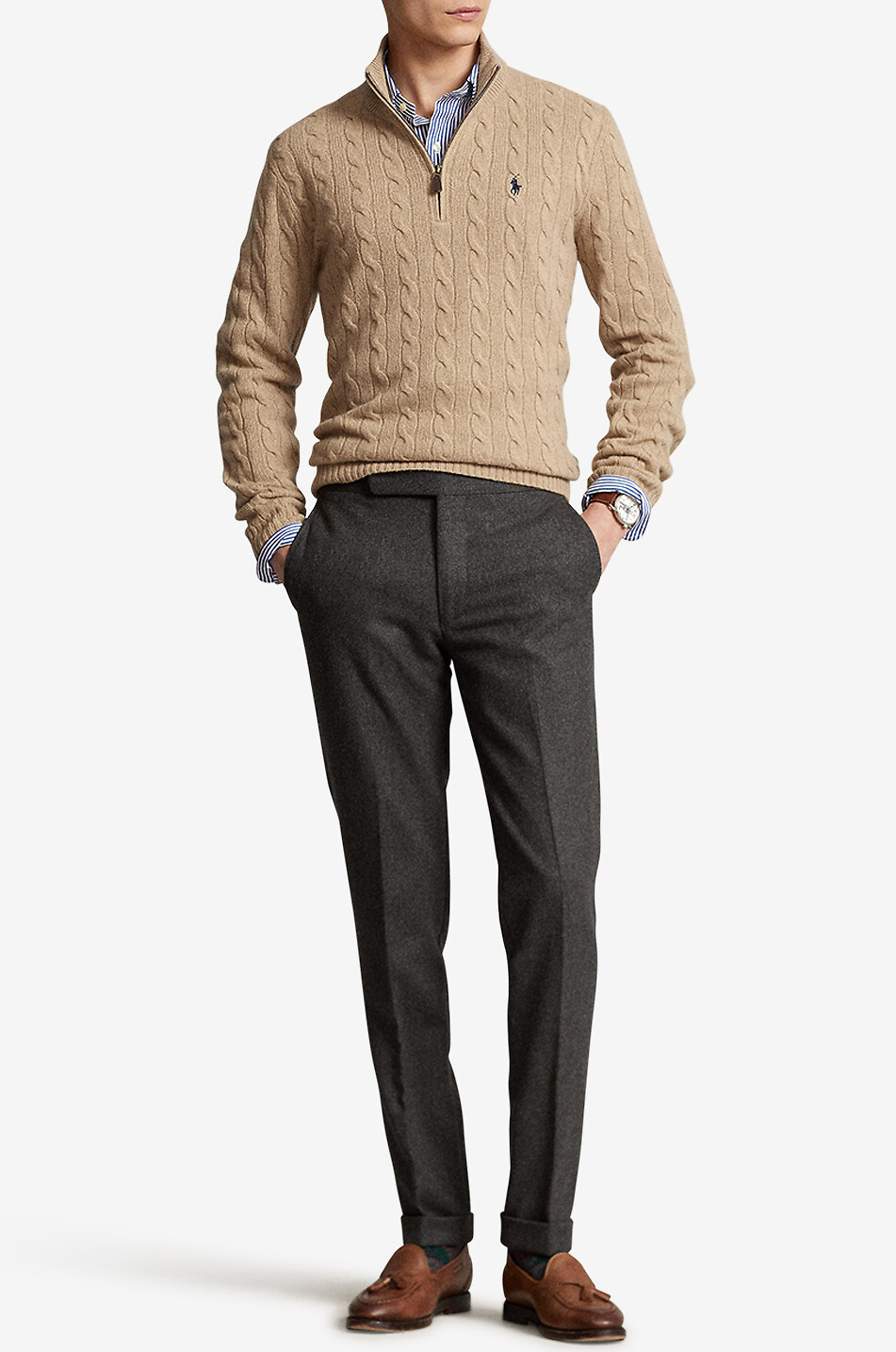 POLO RALPH LAUREN Half-zip wool and cashmere cable-knit jumper Men CAMEL 2