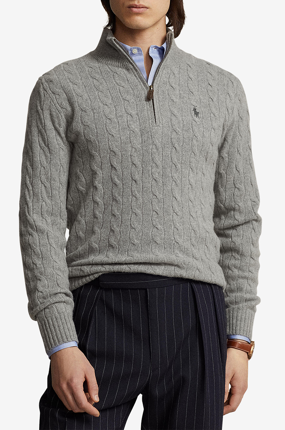 POLO RALPH LAUREN Pull torsadé en laine et cachemire à col montant zippé Homme GRIS 5