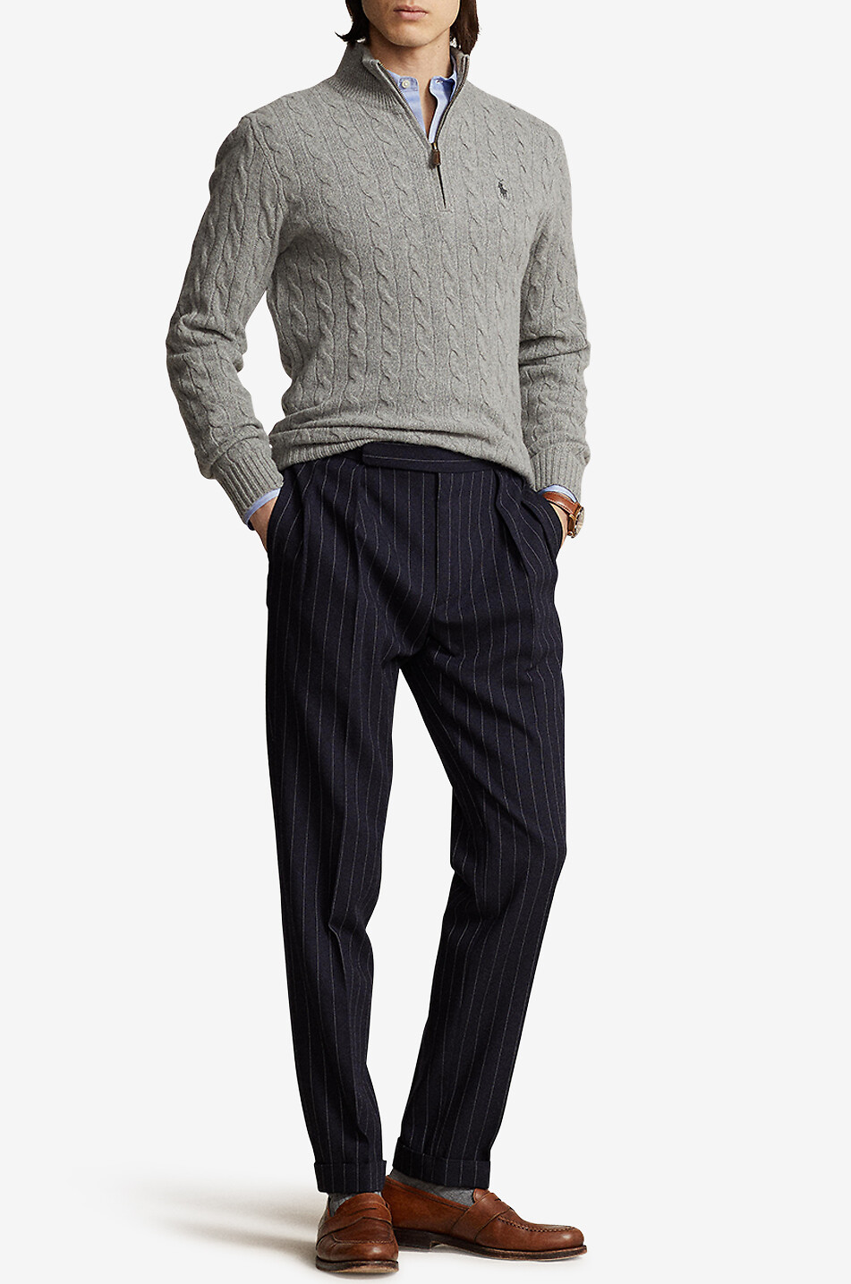POLO RALPH LAUREN Pull torsadé en laine et cachemire à col montant zippé Homme GRIS 2