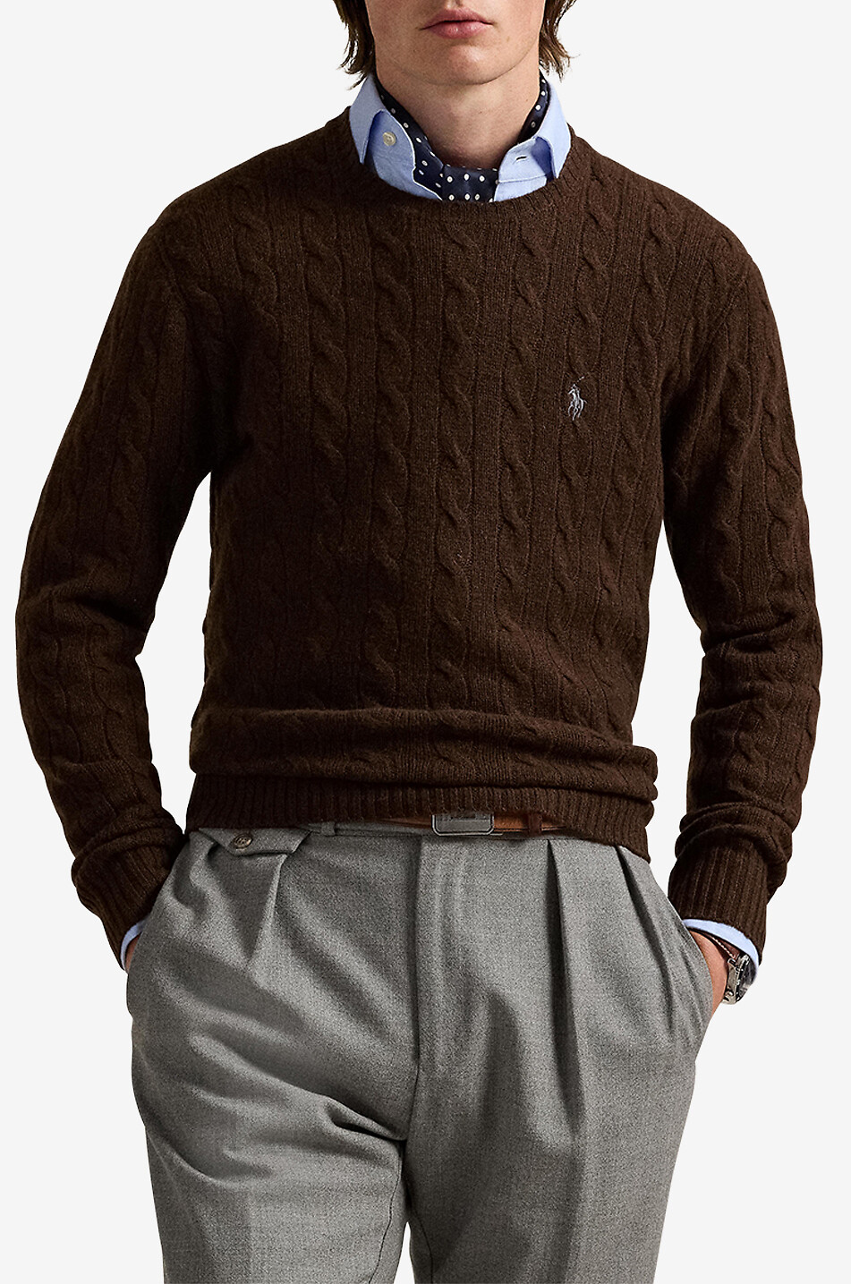 POLO RALPH LAUREN Pony crewneck cable-knit jumper in wool and cashmere Men BROWN 5