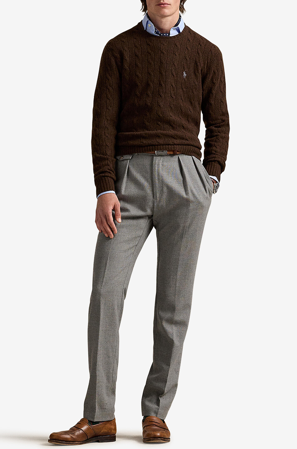 POLO RALPH LAUREN Pony crewneck cable-knit jumper in wool and cashmere Men BROWN 2