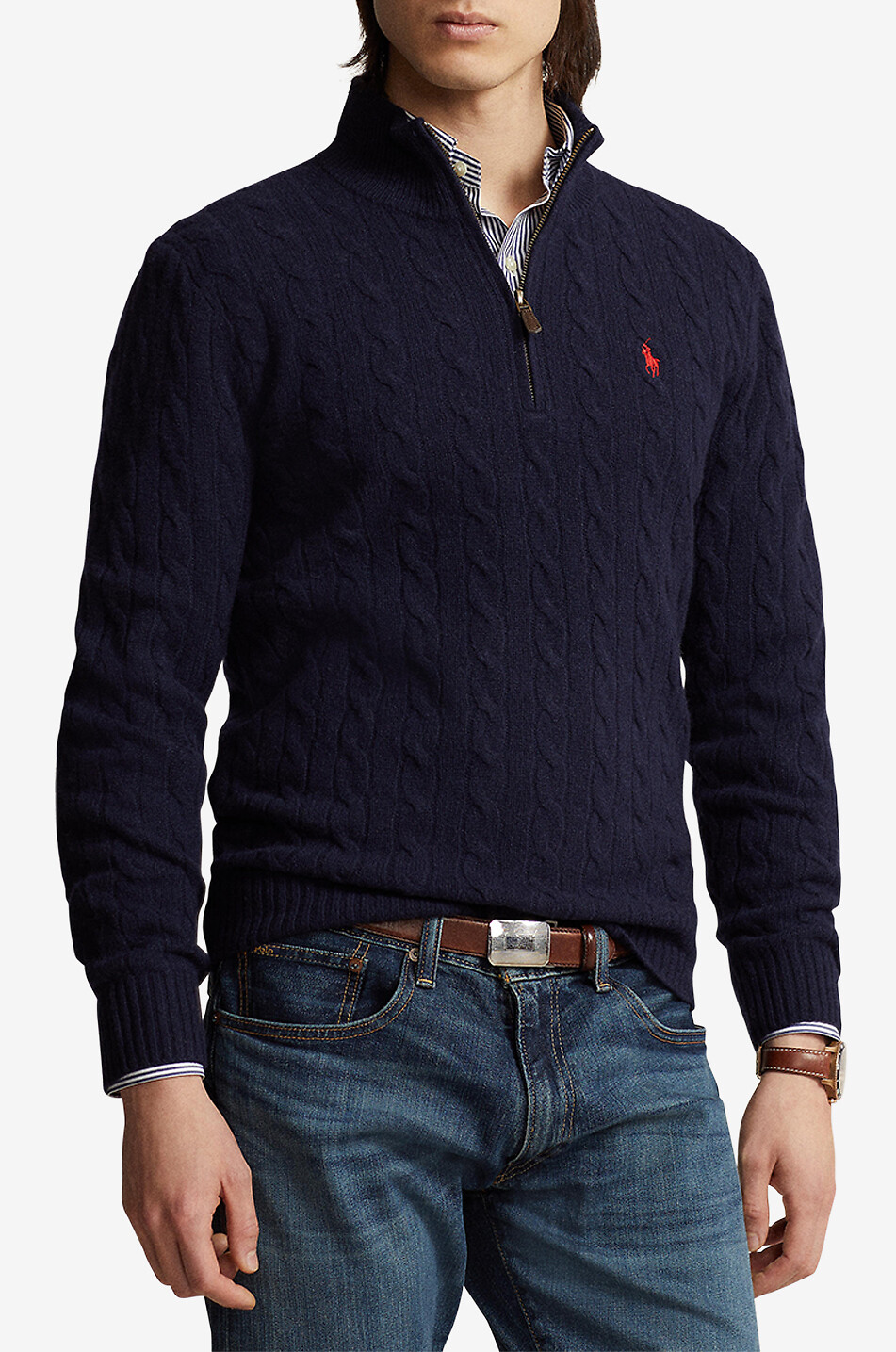 POLO RALPH LAUREN Half-zip wool and cashmere cable-knit jumper Men DARK BLUE 5