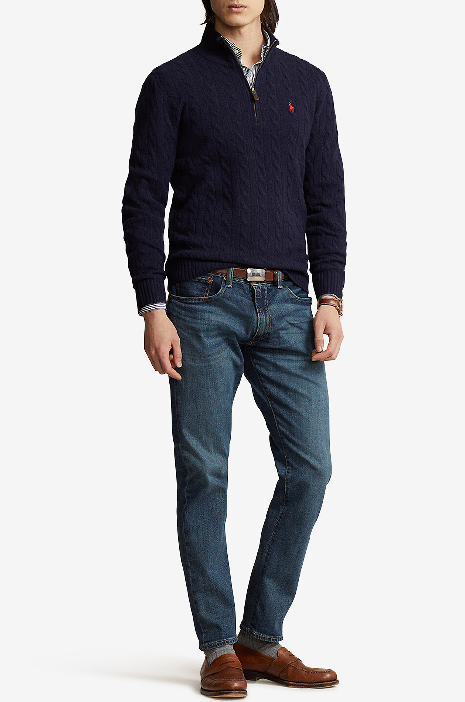 POLO RALPH LAUREN Half-zip wool and cashmere cable-knit jumper Men DARK BLUE 2