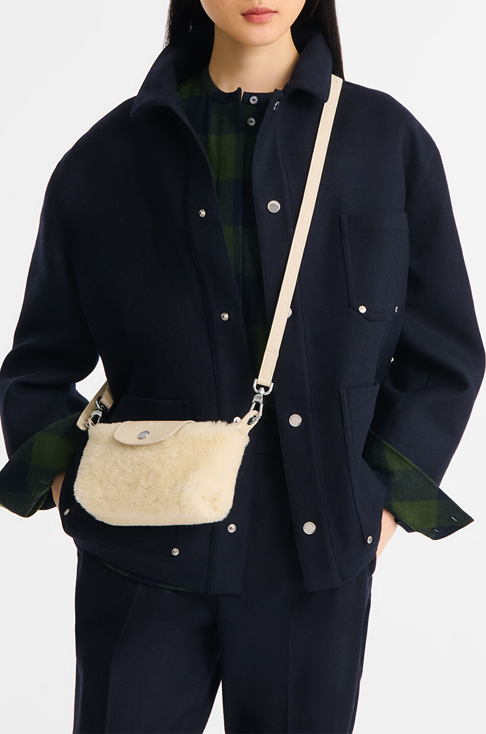 LONGCHAMP Le Pliage Xtra XS shearling clutch with shoulder strap Women EGGSHELL 2