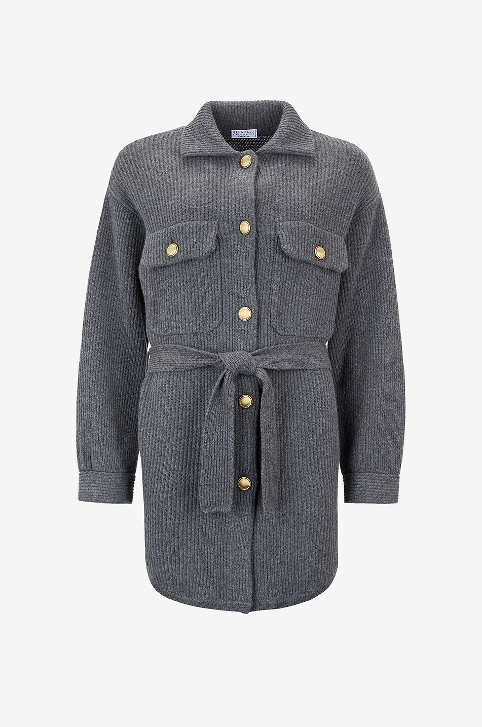 BRUNELLO CUCINELLI Belted long wool and cashmere cardigan with pockets Women DARK GREY 1