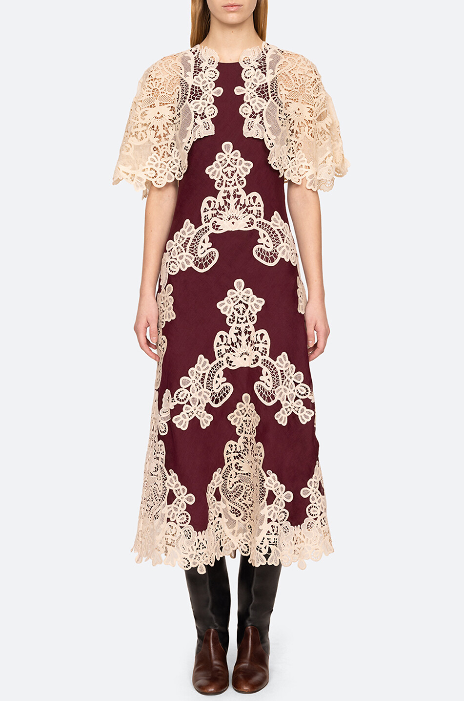 Medina lace-embellished ramie midi dress - SEA - RED - Bongénie Outlet