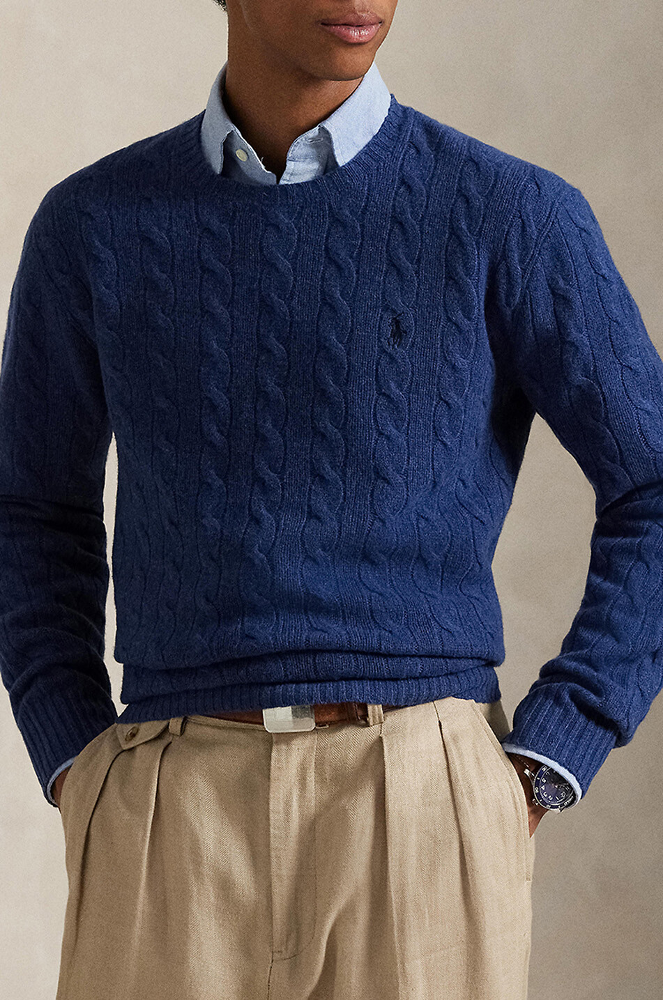 POLO RALPH LAUREN Pony crewneck cable-knit jumper in wool and cashmere Men DARK BLUE 5