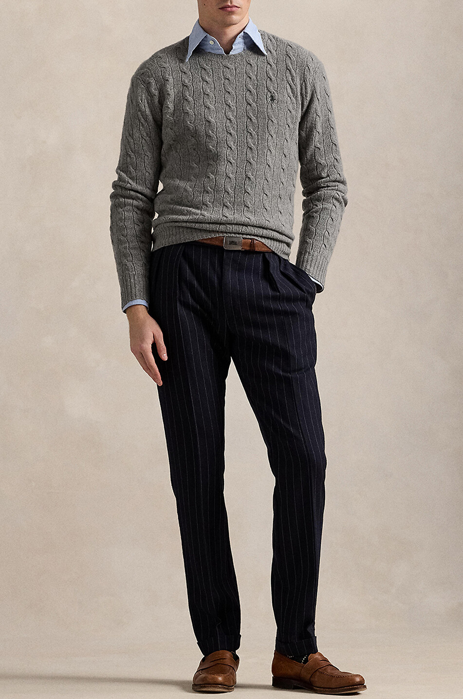 POLO RALPH LAUREN Pony crewneck cable-knit jumper in wool and cashmere Men GREY 2