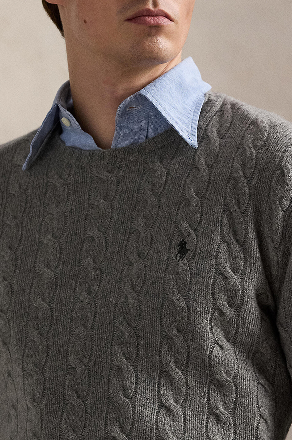 POLO RALPH LAUREN Pony crewneck cable-knit jumper in wool and cashmere Men GREY 4