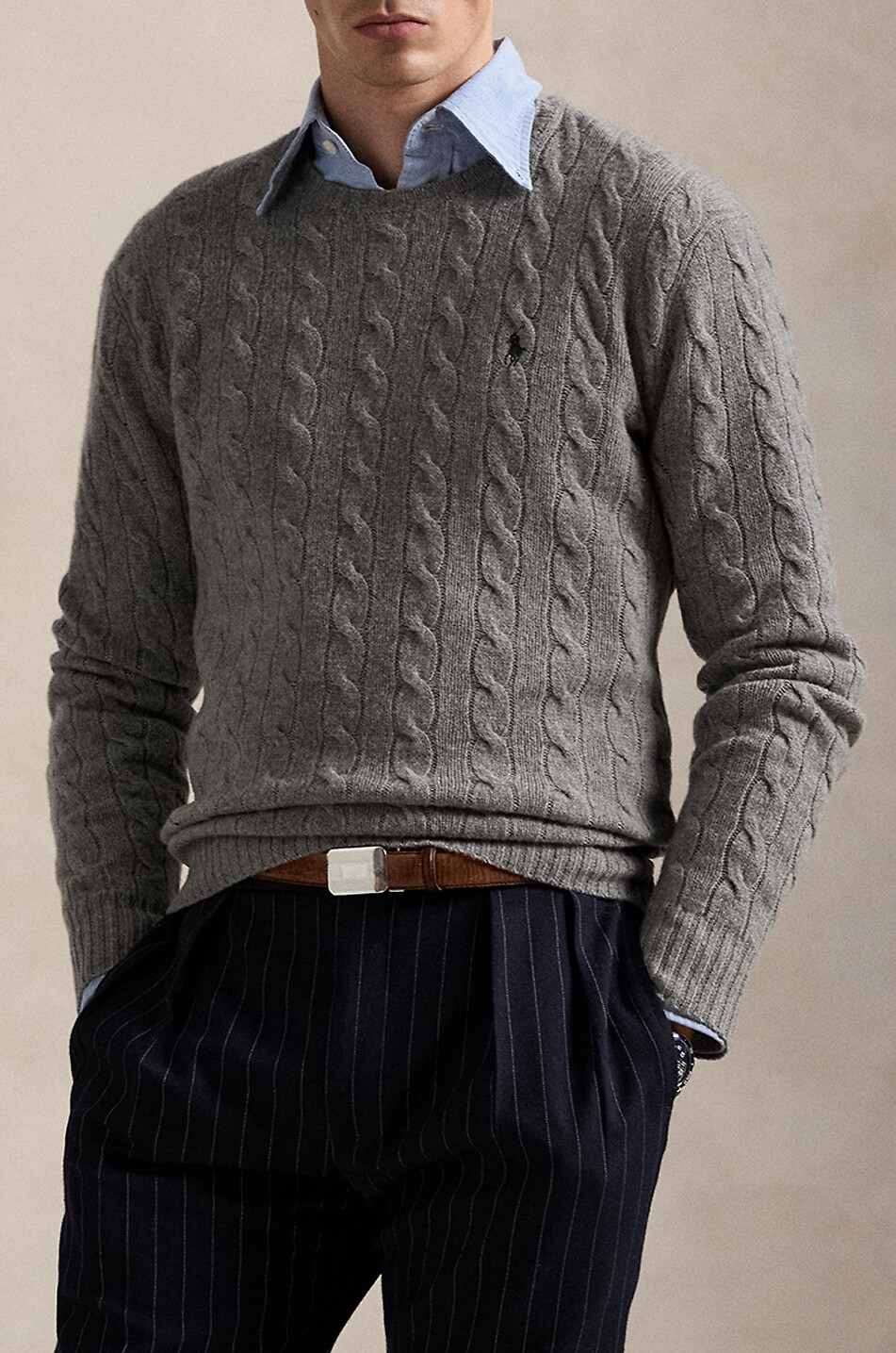 POLO RALPH LAUREN Pony crewneck cable-knit jumper in wool and cashmere Men GREY 5