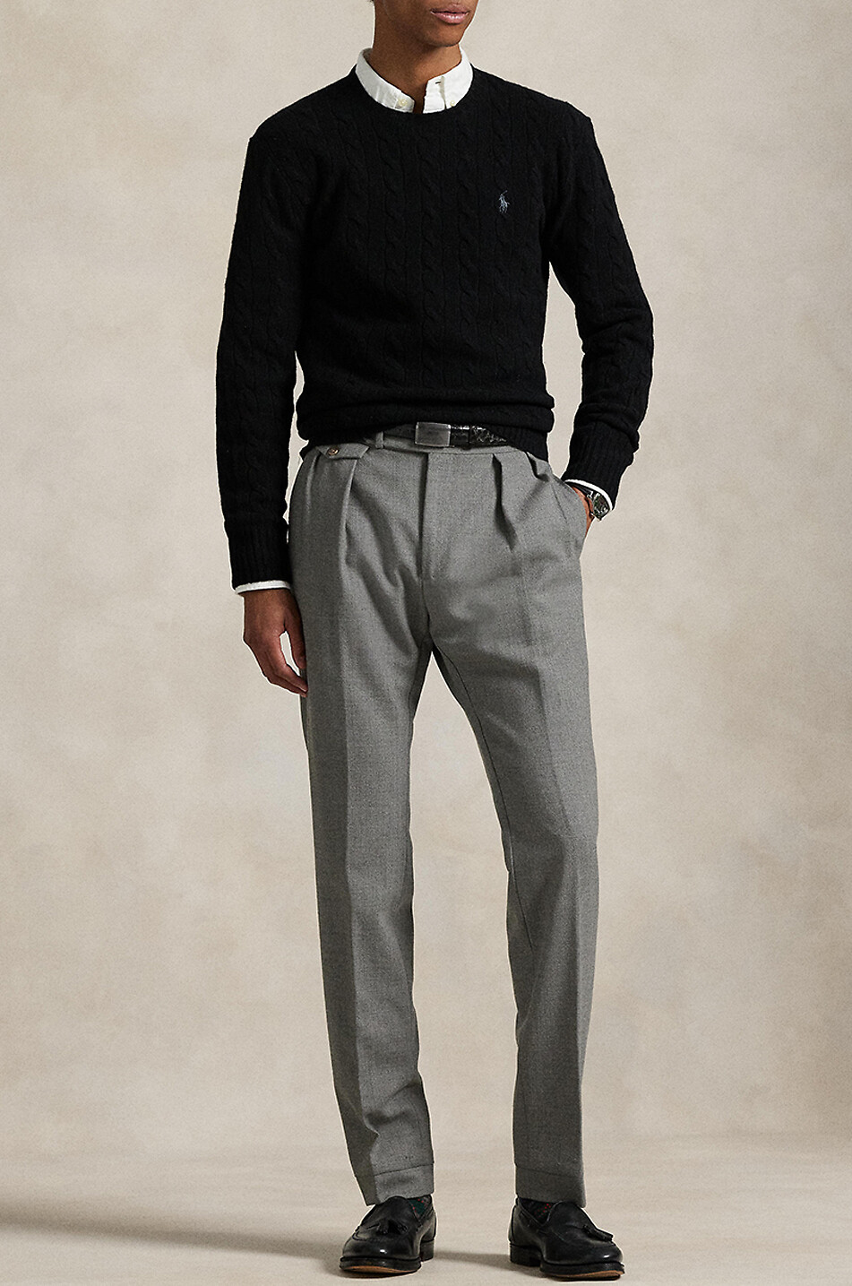 POLO RALPH LAUREN Pony crewneck cable-knit jumper in wool and cashmere Men BLACK 2