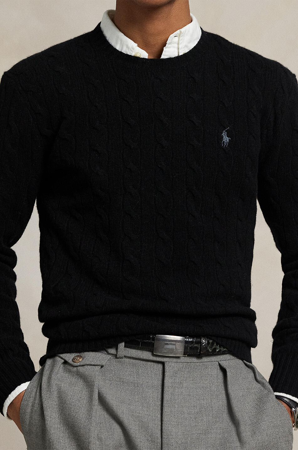 POLO RALPH LAUREN Pony crewneck cable-knit jumper in wool and cashmere Men BLACK 4
