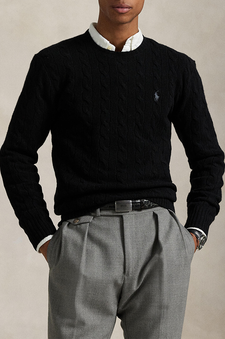 POLO RALPH LAUREN Pony crewneck cable-knit jumper in wool and cashmere Men BLACK 6