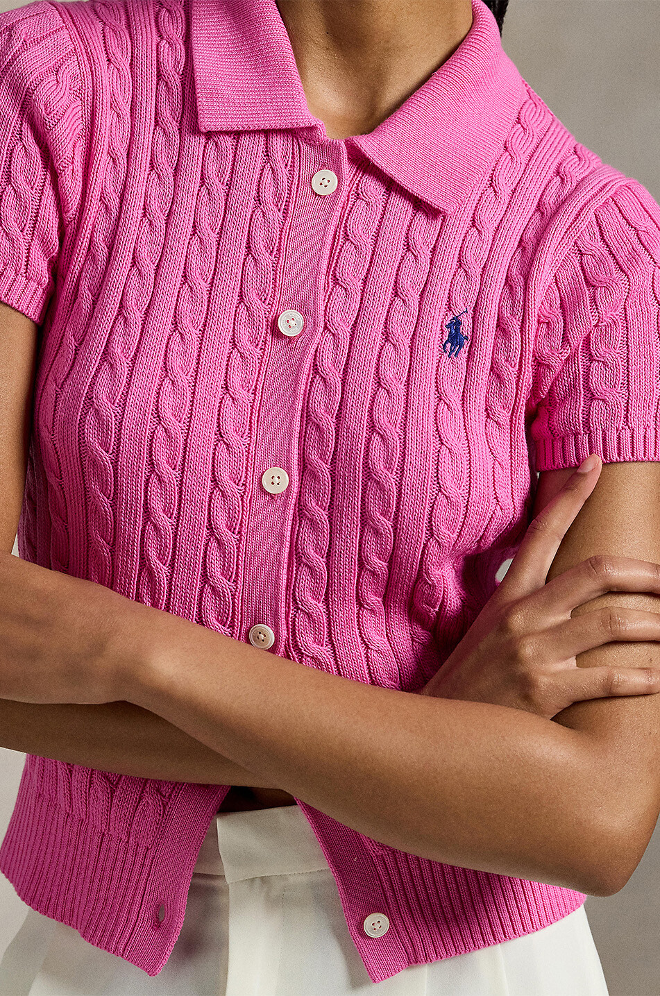POLO RALPH LAUREN Pony short-sleeved cotton cable-knit cardigan Women PINK 4