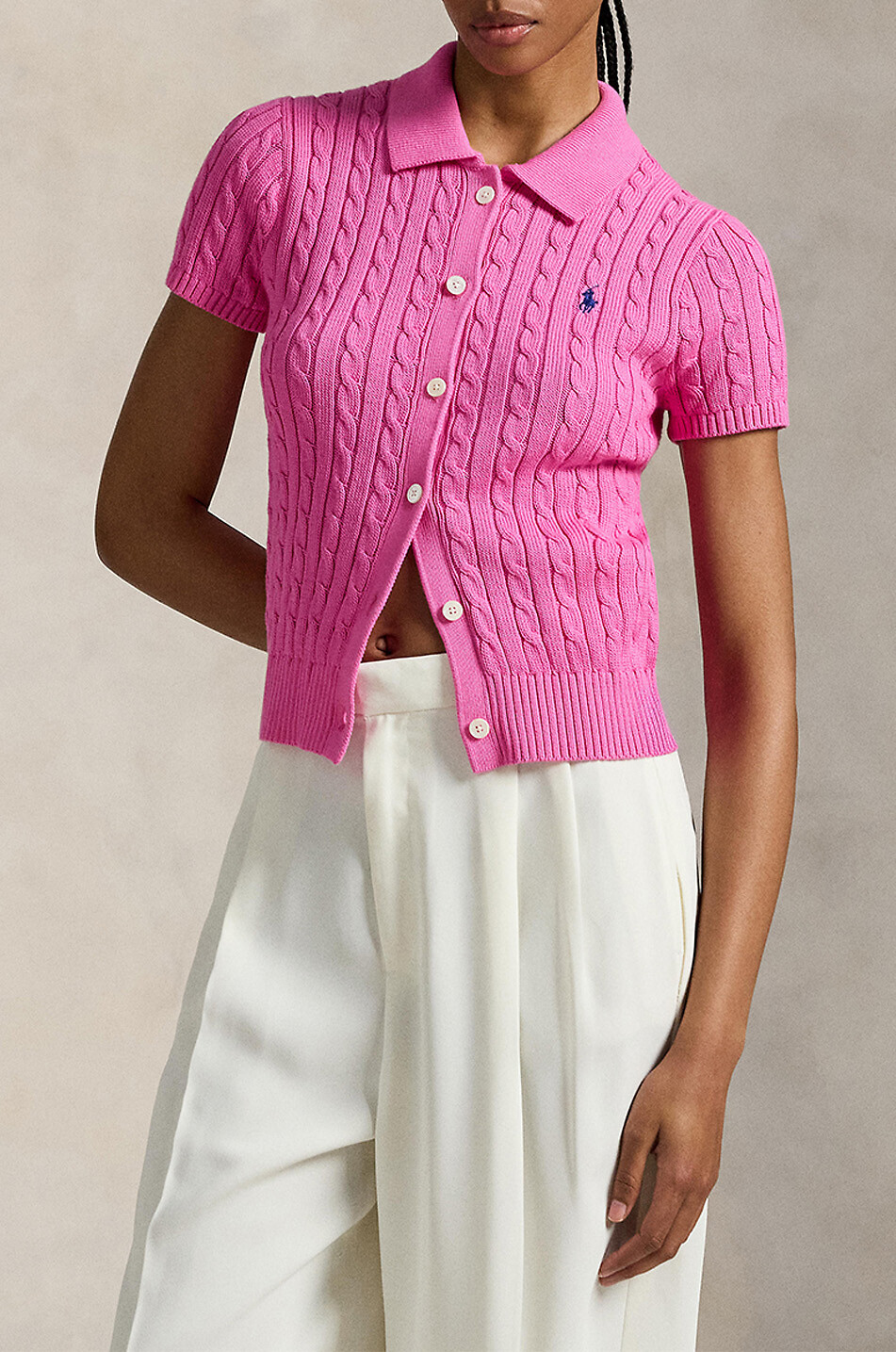 POLO RALPH LAUREN Pony short-sleeved cotton cable-knit cardigan Women PINK 5