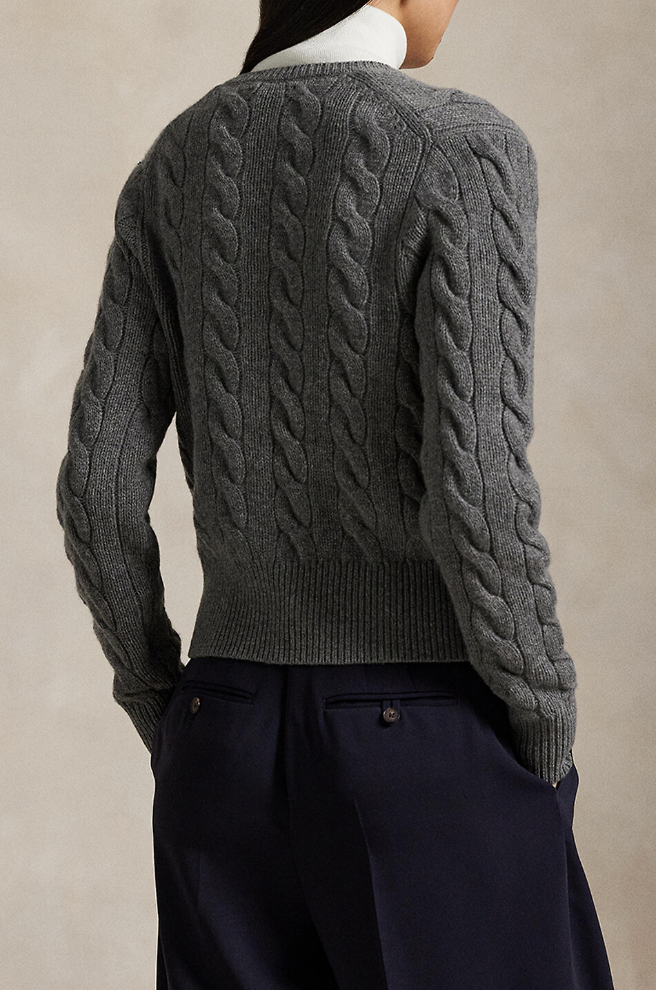 POLO RALPH LAUREN Pony crewneck cable-knit wool and cashmere cardigan Women DARK GREY 3