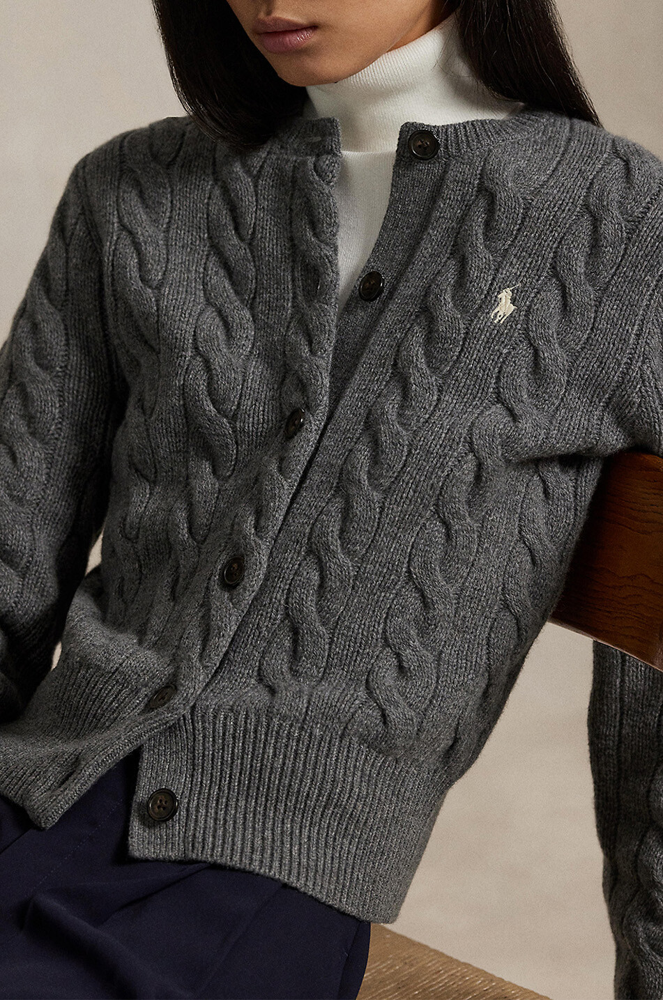 POLO RALPH LAUREN Pony crewneck cable-knit wool and cashmere cardigan Women DARK GREY 4