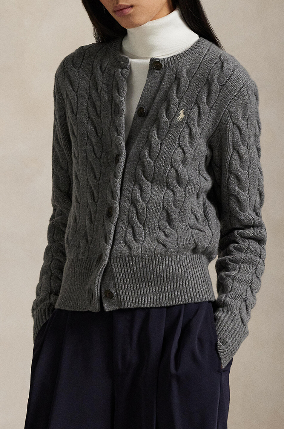 POLO RALPH LAUREN Pony crewneck cable-knit wool and cashmere cardigan Women DARK GREY 5