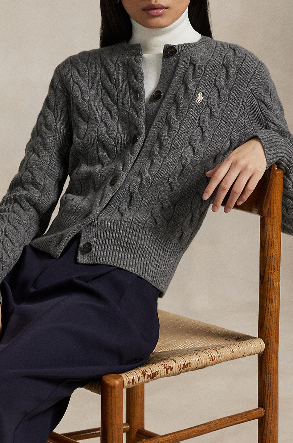 POLO RALPH LAUREN Pony crewneck cable-knit wool and cashmere cardigan Women DARK GREY 6