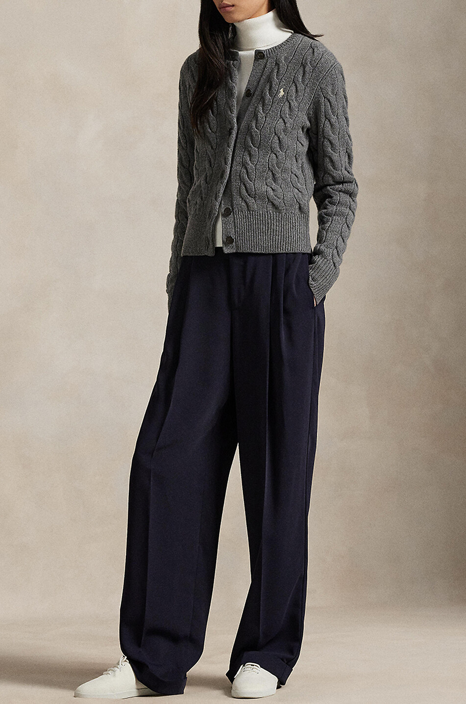 POLO RALPH LAUREN Pony crewneck cable-knit wool and cashmere cardigan Women DARK GREY 2