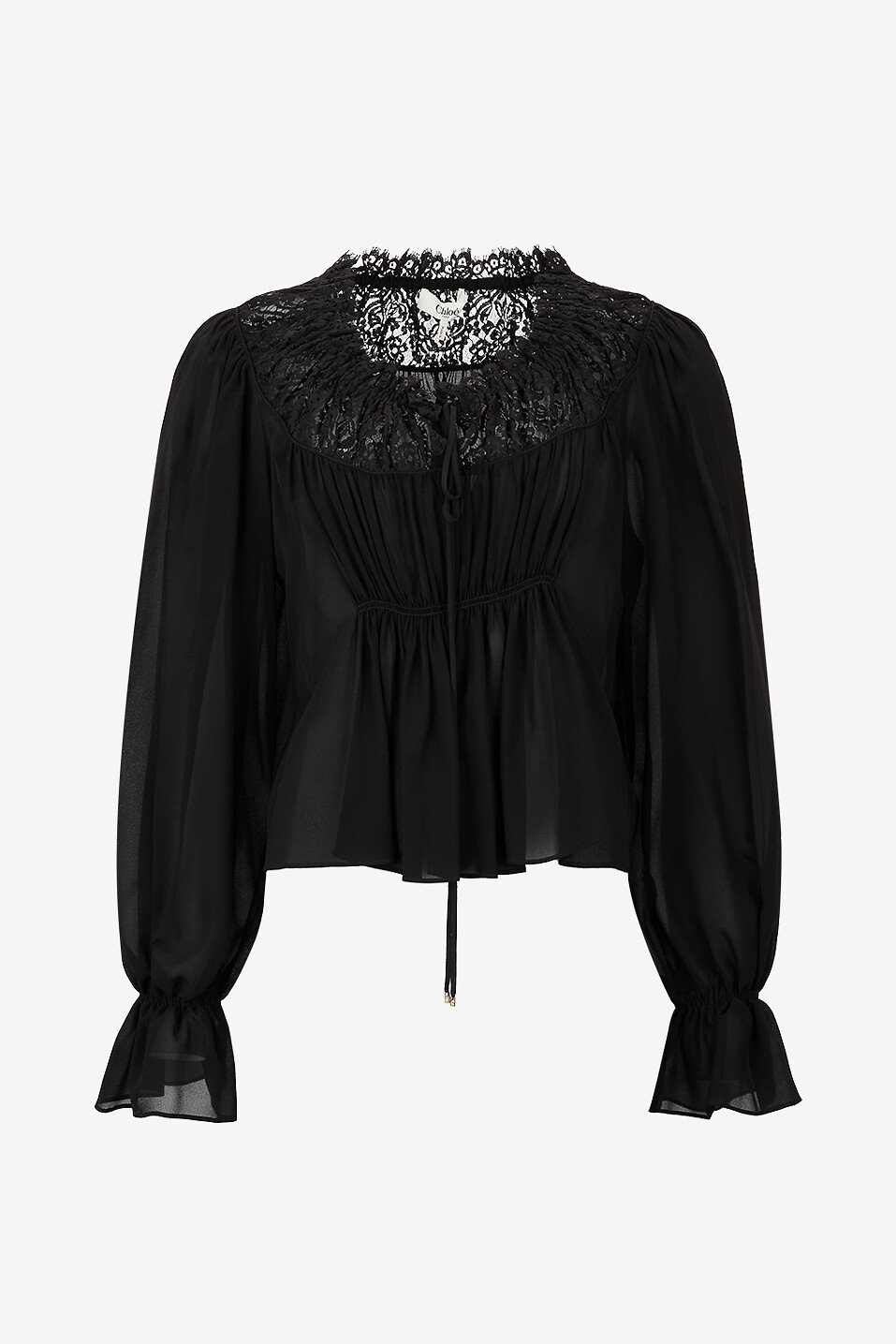 Gathered silk georgette and lace blouse