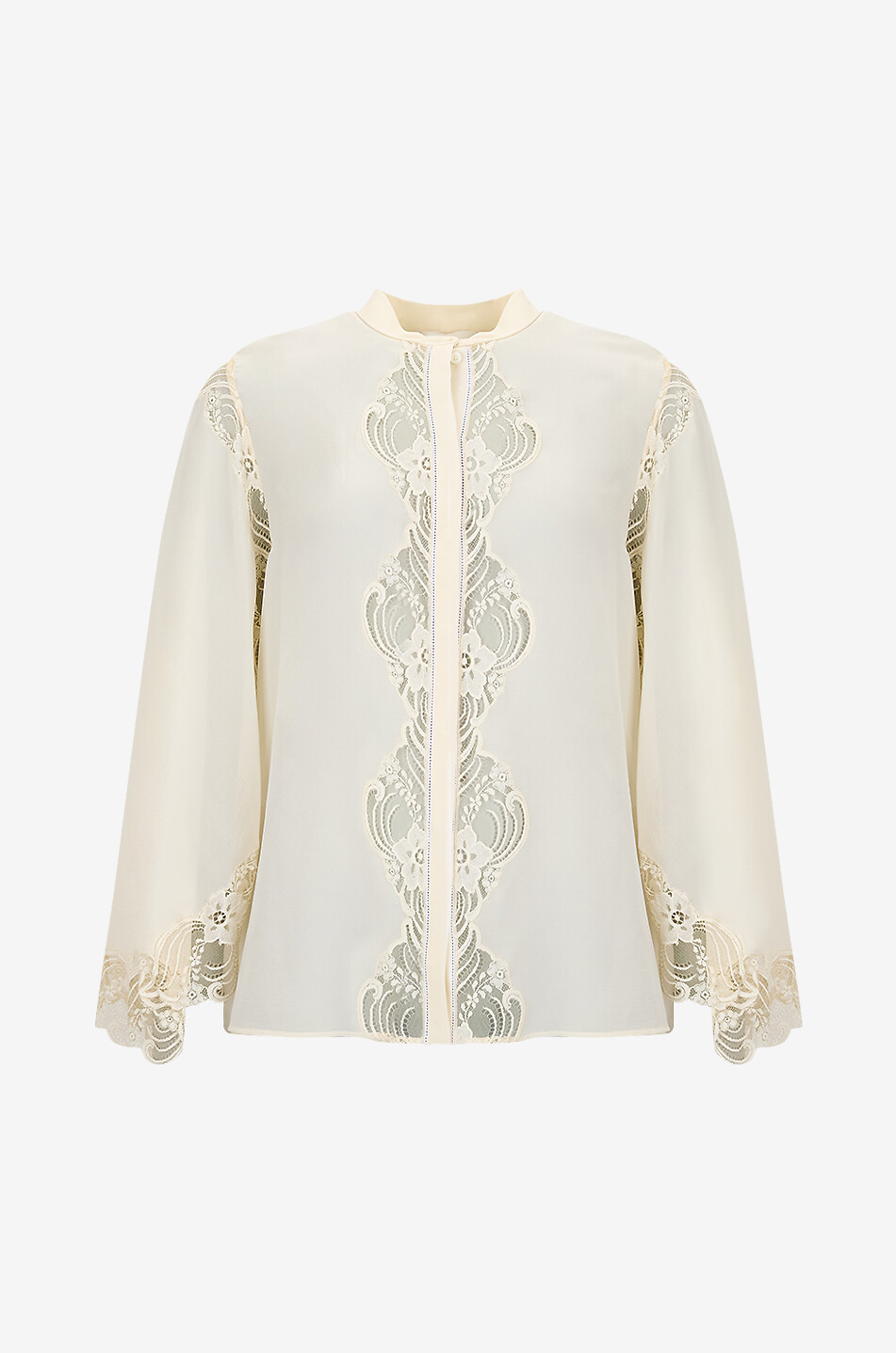 Flared-sleeve fluid silk georgette and lace blouse