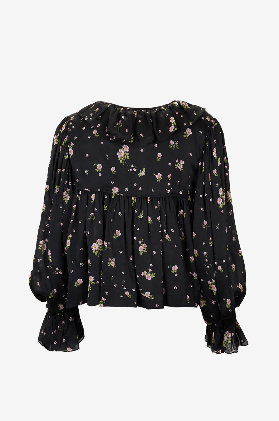 CHLOE Boxy-Top aus geblümter Seiden-Charmeuse mit Rüschen Damen SCHWARZ 2