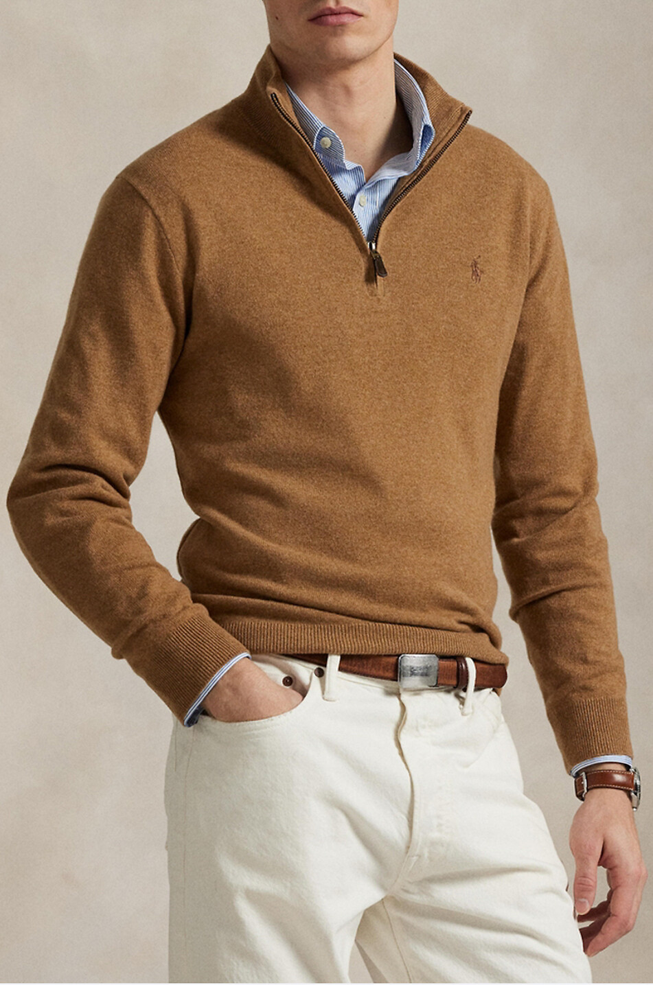 POLO RALPH LAUREN Pony half-zip stand-up collar wool jumper Men LIGHT BROWN 5