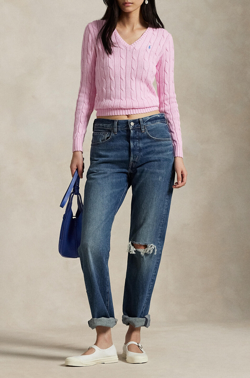 POLO RALPH LAUREN Pony V-neck cable-knit cotton jumper Women LIGHT PINK 2