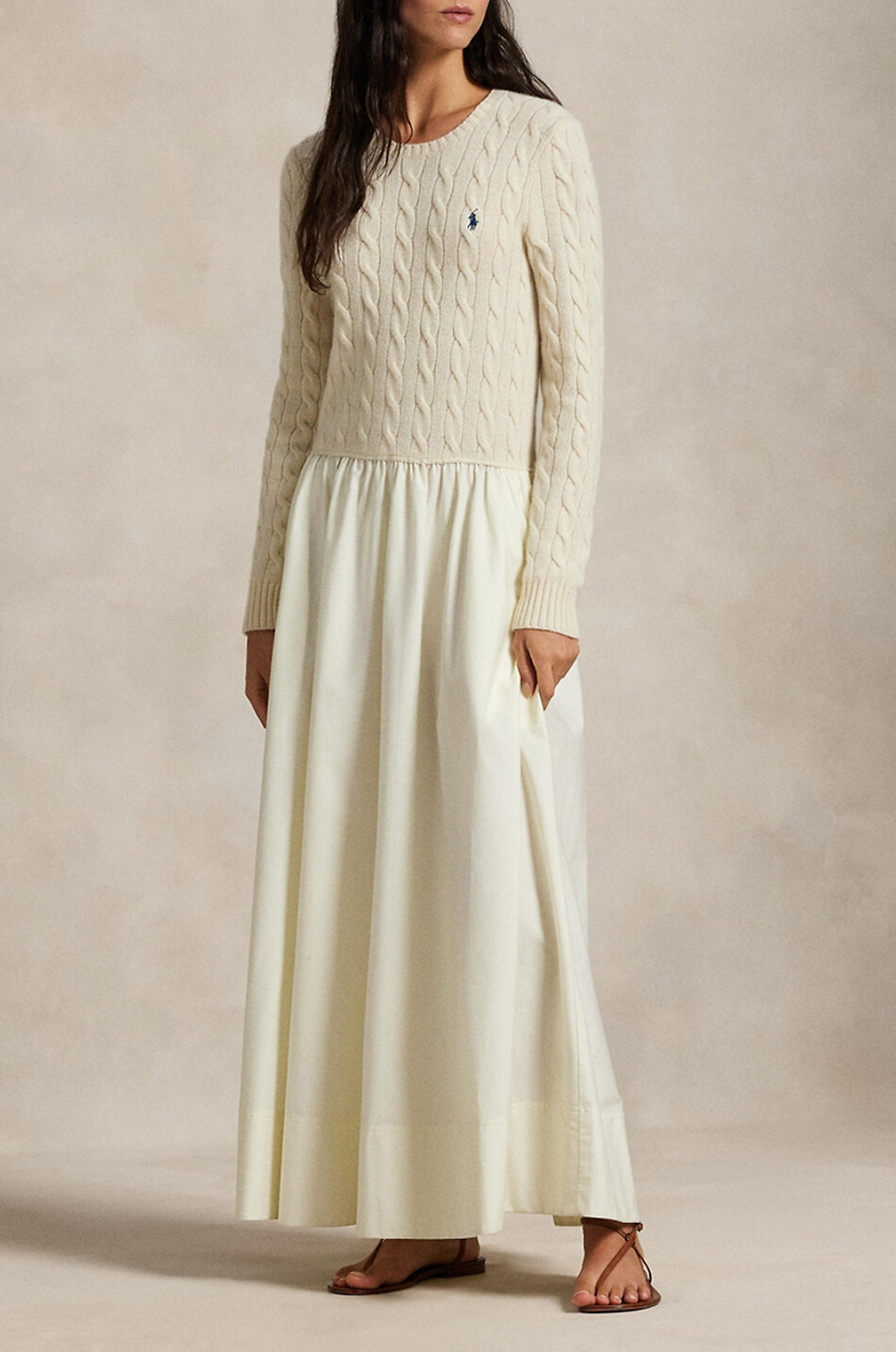 POLO RALPH LAUREN Pony long cable-knit and poplin dress Women EGGSHELL 2
