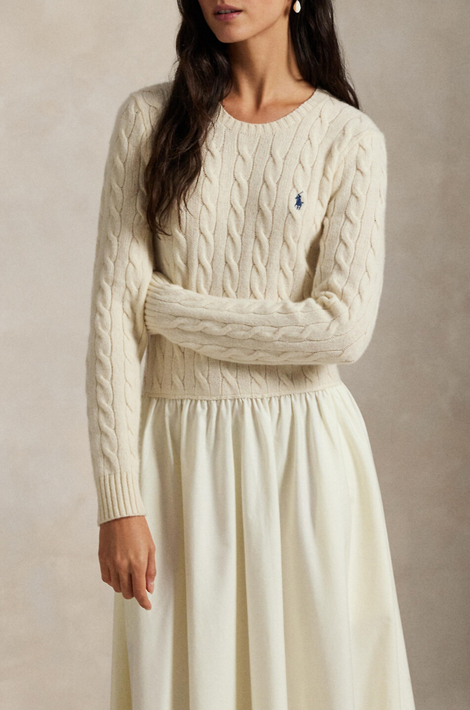 POLO RALPH LAUREN Pony long cable-knit and poplin dress Women EGGSHELL 5