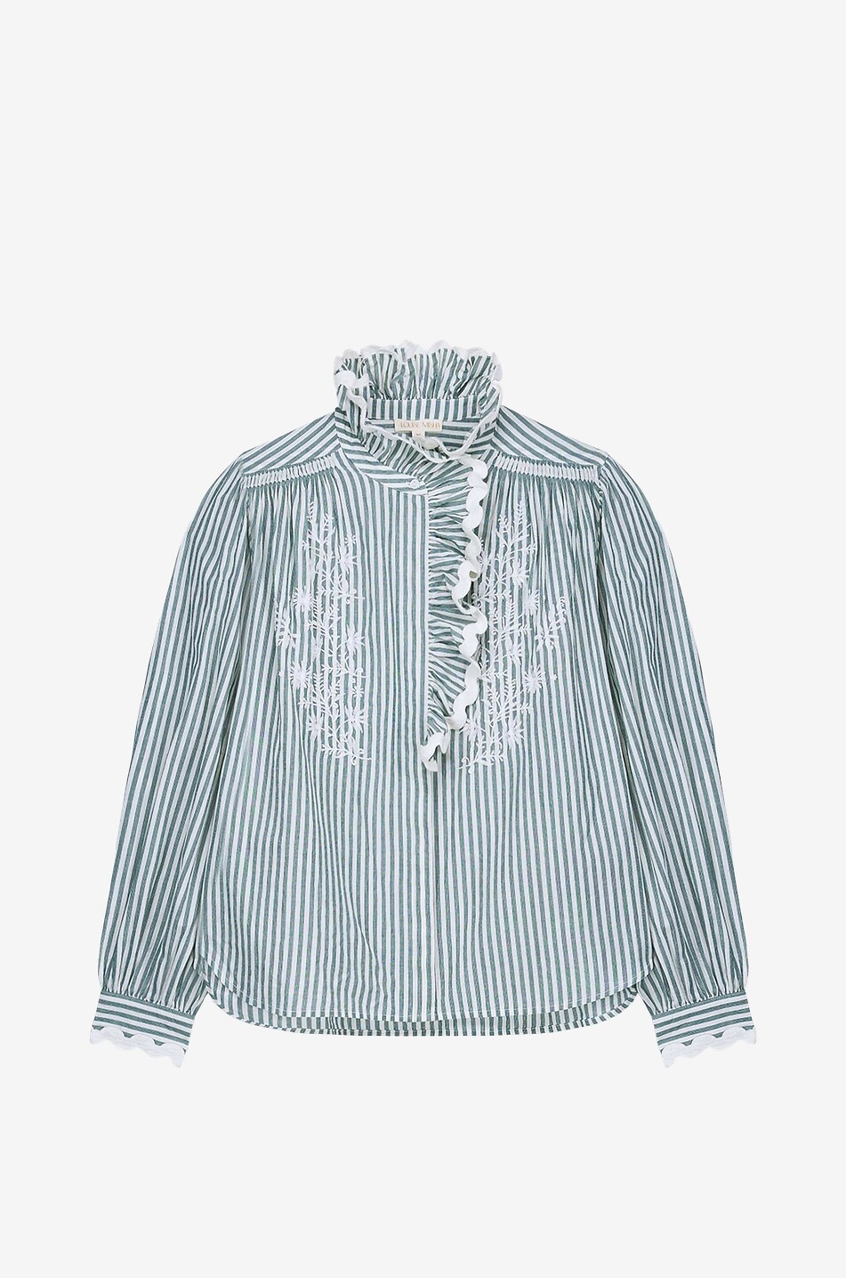 Gestreifte Bio-Baumwollbluse mit Rüschen und Stickereien Cora