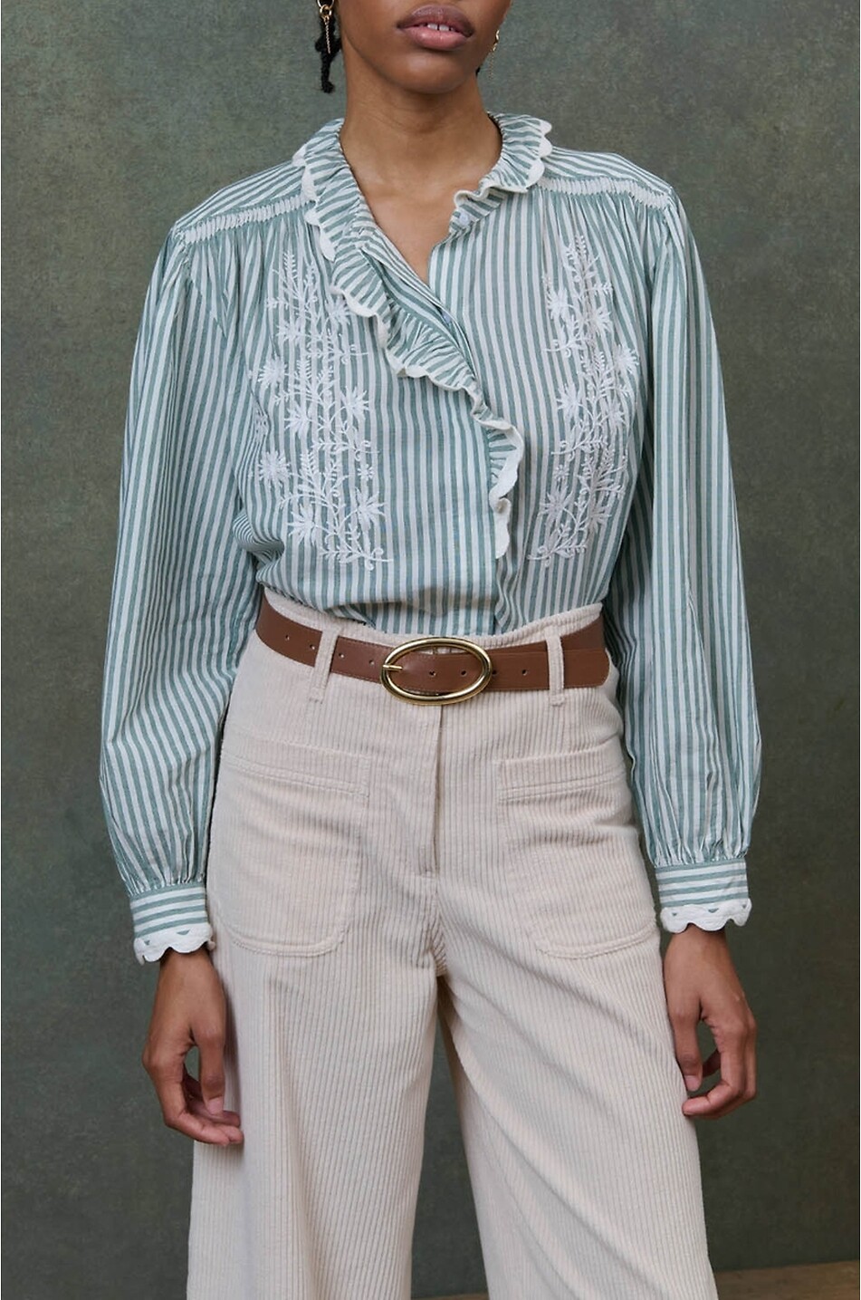 LOUISE MISHA Gestreifte Bio-Baumwollbluse mit Rüschen und Stickereien Cora Damen MITTELGRÜN 2