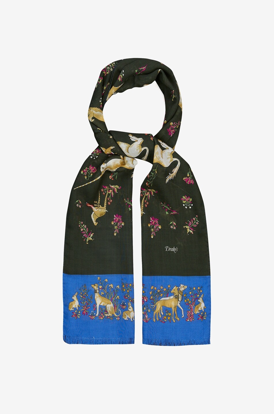 DRAKES Unicorn printed wool and silk scarf Men DARK GREEN 2