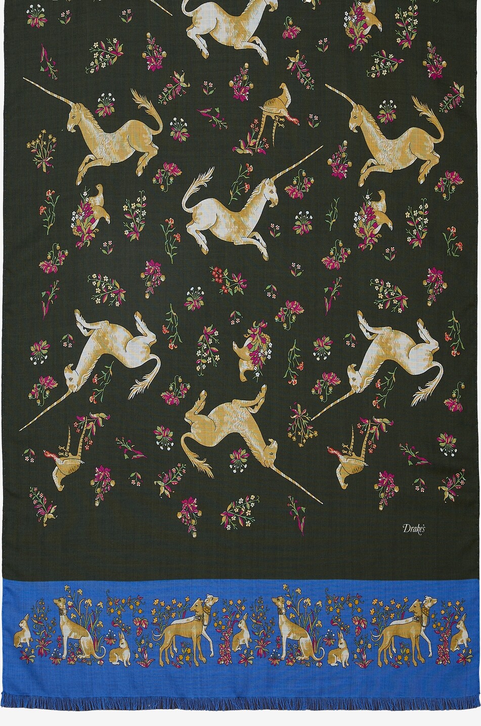 DRAKES Unicorn printed wool and silk scarf Men DARK GREEN 3