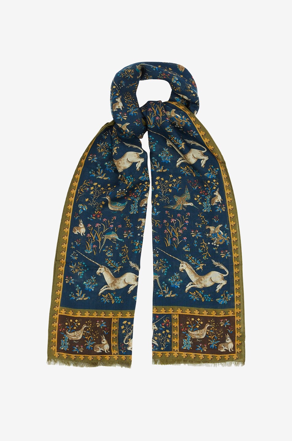 DRAKES Unicorn rectangular wool silk printed scarf Men DARK BLUE 2