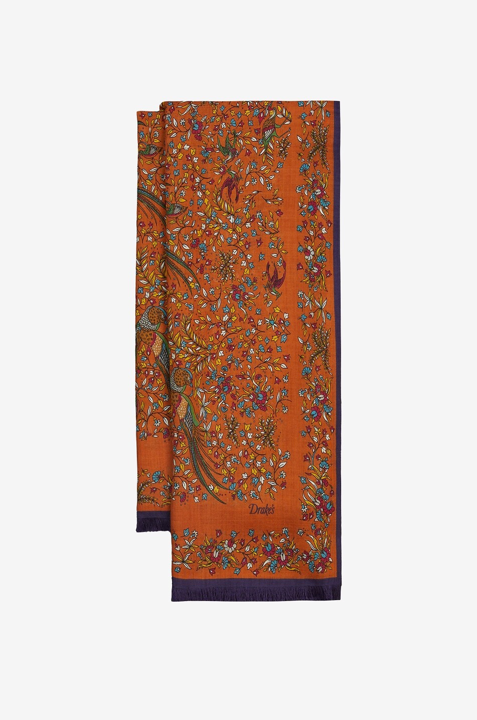 DRAKES Bird Of Paradise printed wool and silk scarf Men ORANGE 1