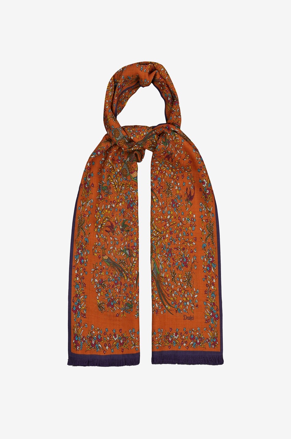 DRAKES Bird Of Paradise printed wool and silk scarf Men ORANGE 2