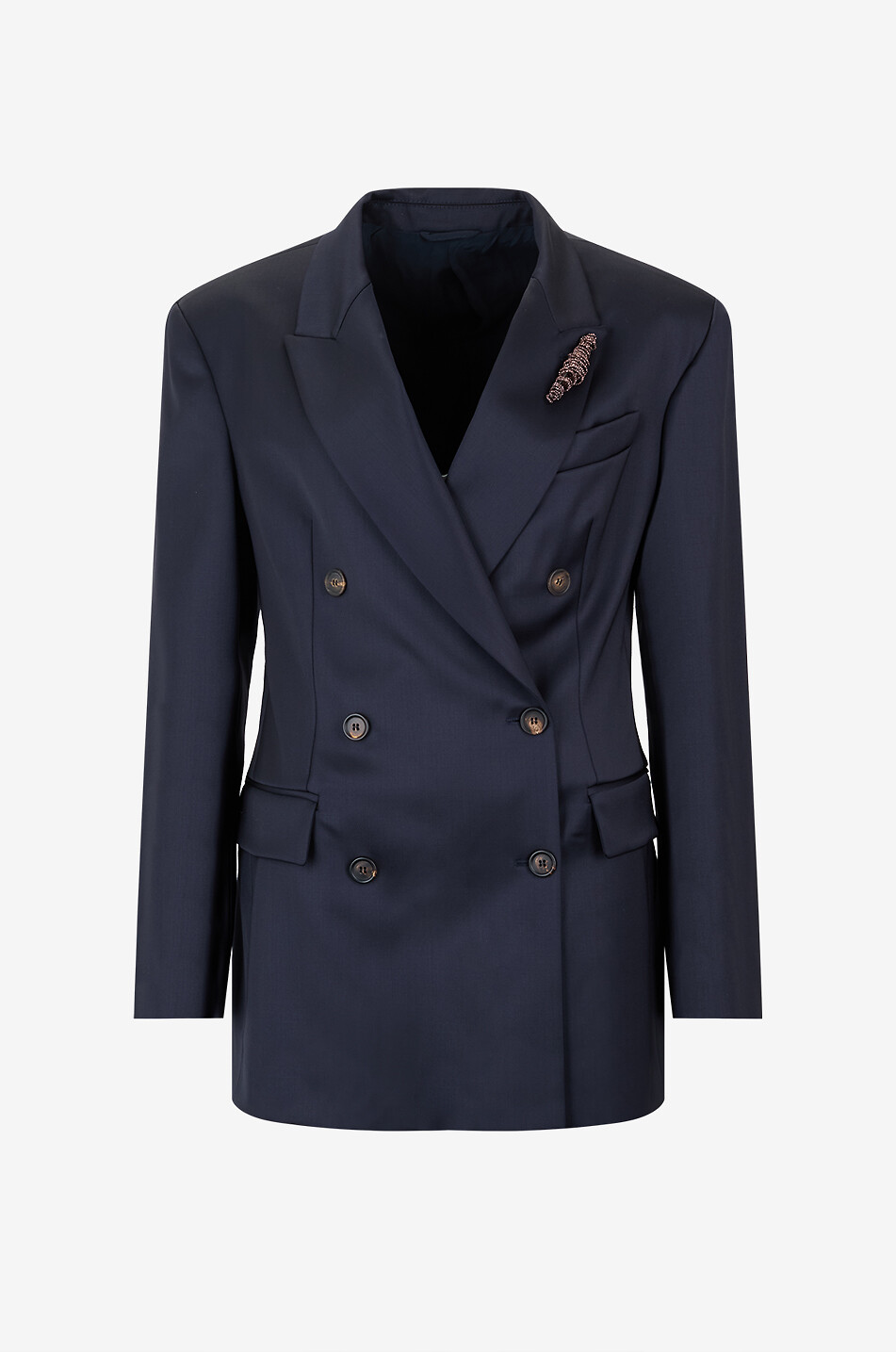 BRUNELLO CUCINELLI Shiny Brooch double-breasted wool satin blazer Women DARK BLUE 1