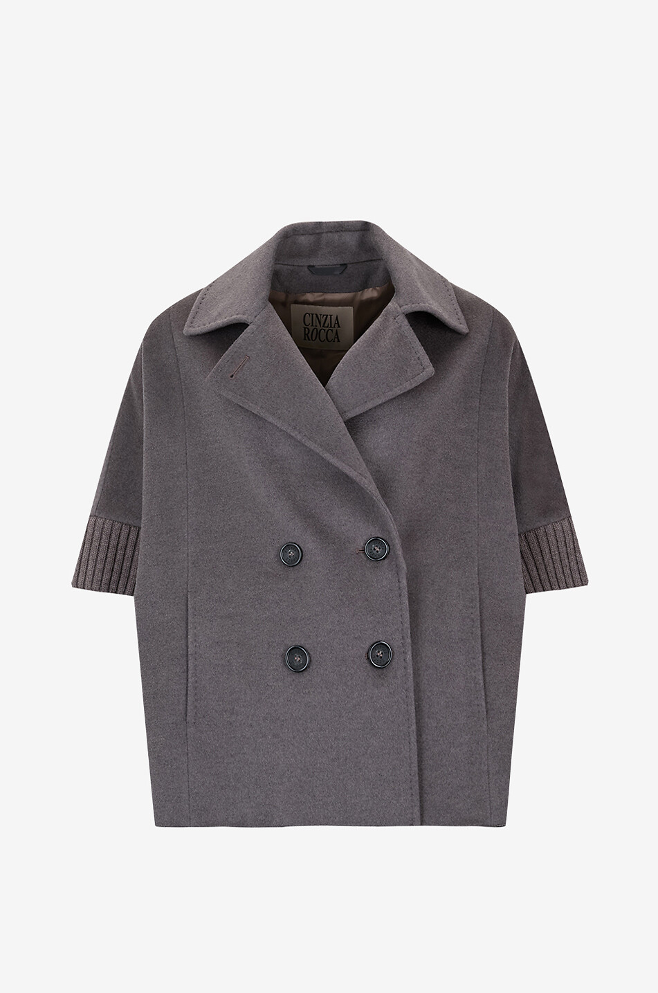 Double-breasted wool cape with knit details