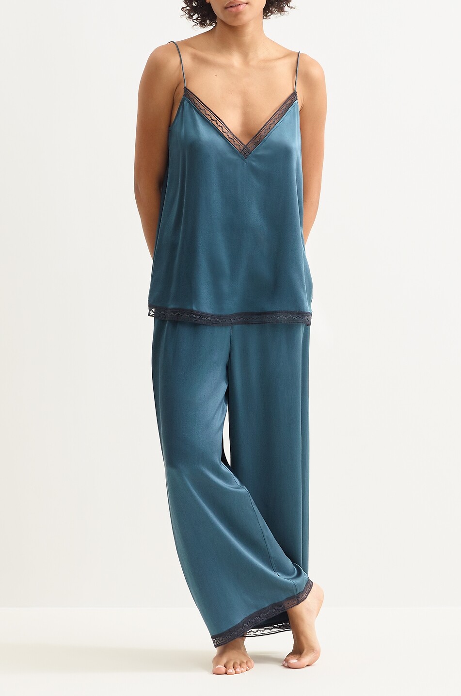 ERES Pantalon de pyjama en satin de soie et dentelle Parfois Femme BLEU 2